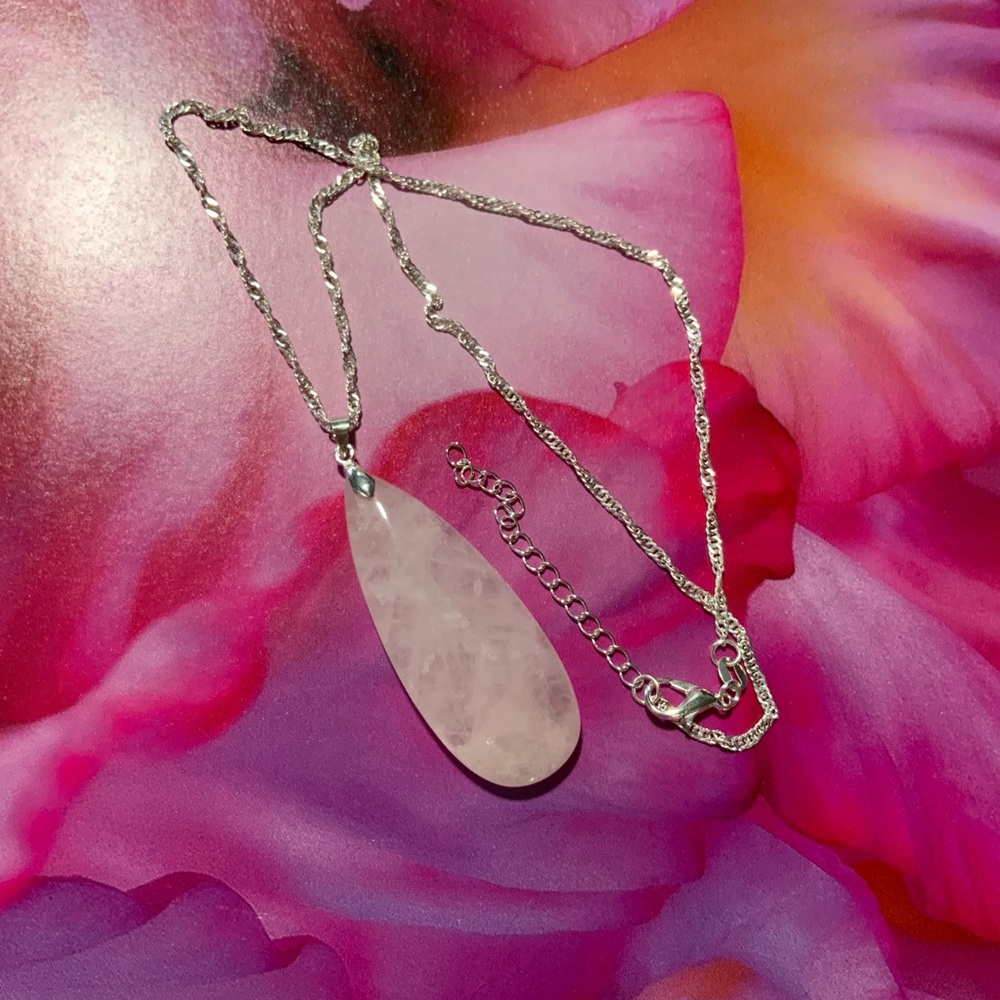 Rose Quartz Necklace on 925 S Plated Chain Handmade - Picture 3 of 8